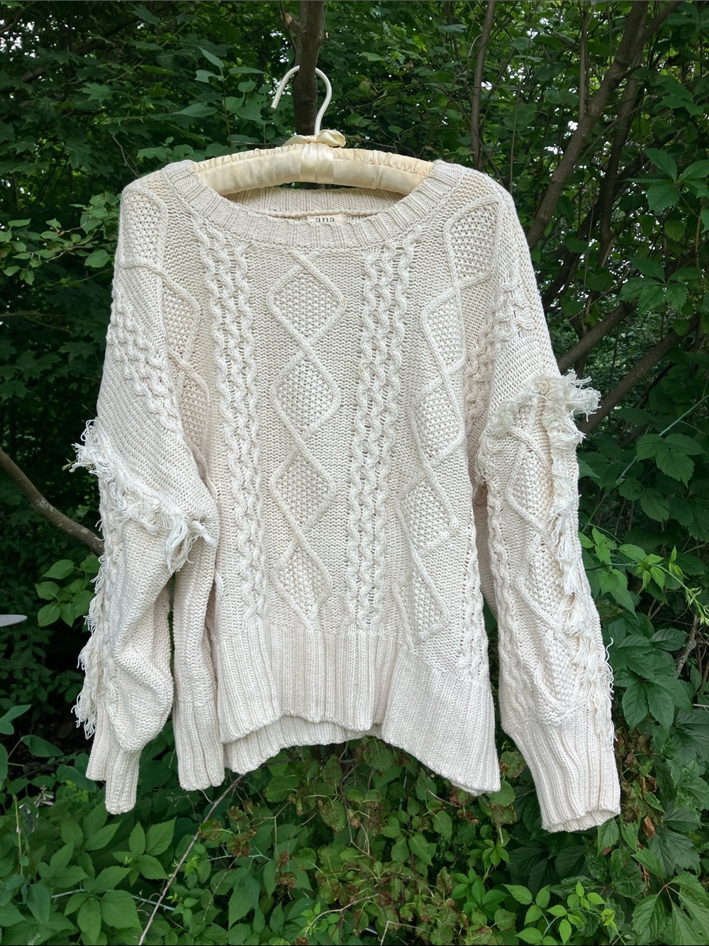 a.n.a Cream Cable Fringe Crewneck Sweater